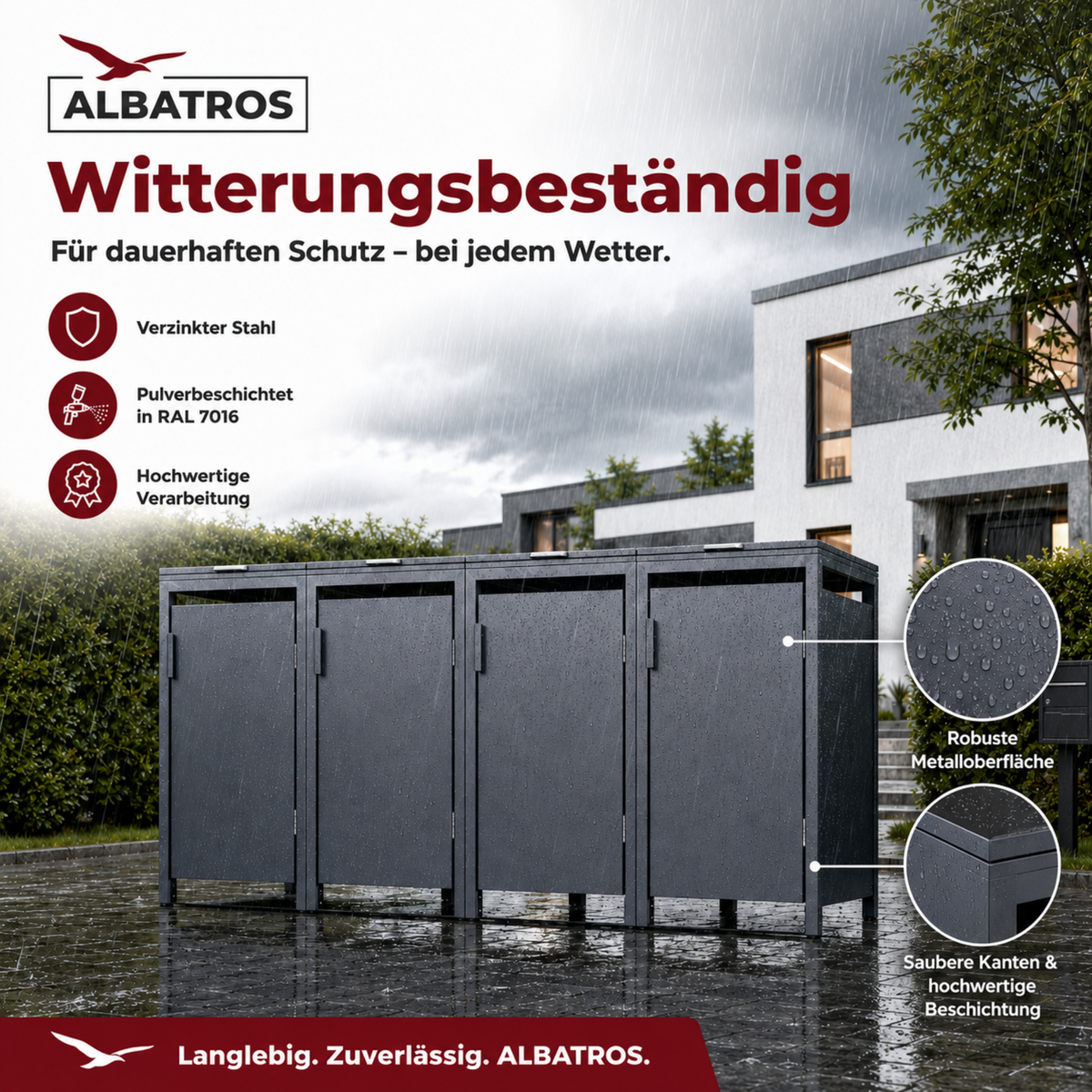 Mülltonnenbox 4er Hauswandversion, 120L bis 240L, für Vier Tonnen, verzinktes Metall RAL7016 Anthrazit, offene Rückseite, bessere Belüftung, wetterfest, ISO9227, verstellbare Füße