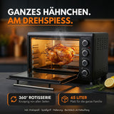 Minibackofen 45L mit Drehspieß & Umluft + 1L Backofenreiniger, 2000W, Hähnchengrill, Backen, Grillen & Pizza, Mini Backofen 45 Liter, 60 Min Timer, inkl. Zubehör