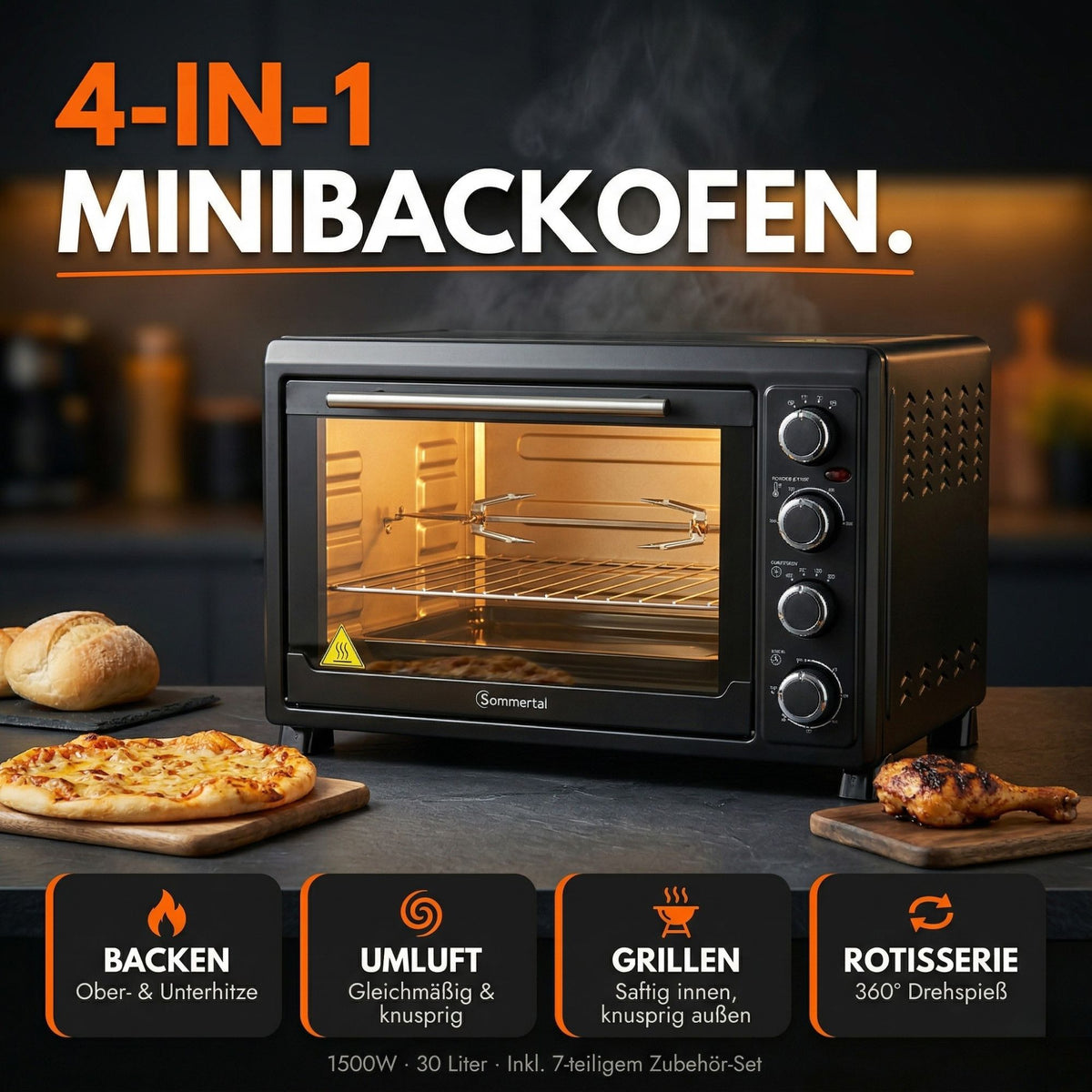 Minibackofen 45L mit Drehspieß & Umluft + 1L Backofenreiniger, 2000W, Hähnchengrill, Backen, Grillen & Pizza, Mini Backofen 45 Liter, 60 Min Timer, inkl. Zubehör
