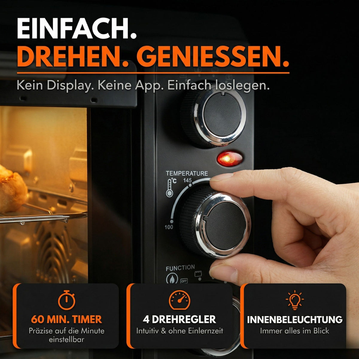 Minibackofen 45L mit Drehspieß & Umluft, 2000W, Hähnchengrill, Backen, Grillen & Pizza, Mini Backofen 45 Liter, 60 Min Timer, inkl. Zubehör