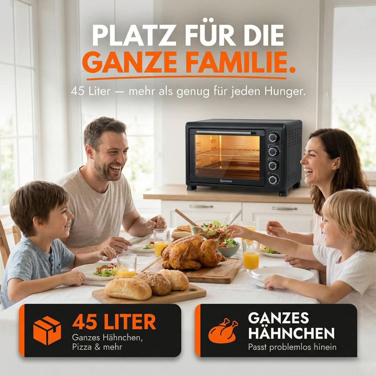 Minibackofen 45L mit Drehspieß & Umluft, 2000W, Hähnchengrill, Backen, Grillen & Pizza, Mini Backofen 45 Liter, 60 Min Timer, inkl. Zubehör