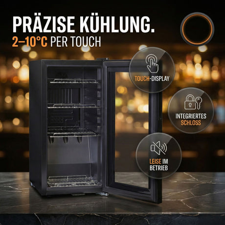 Kühlschrank GK 50– Leiser Getränkekühlschrank Gefrierfach mit LED, Touchscreen schwarz 50L