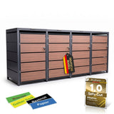 Mülltonnenbox 4er Holzdekor, 120L bis 240L, für Vier Tonnen, Mülltonnenverkleidung aus verzinktem Metall mit Holzdekor-Front, Anthrazit Grau RAL7016, abschließbar, wetterfest, geprüft nach ISO9227, mit Aufkleber Set