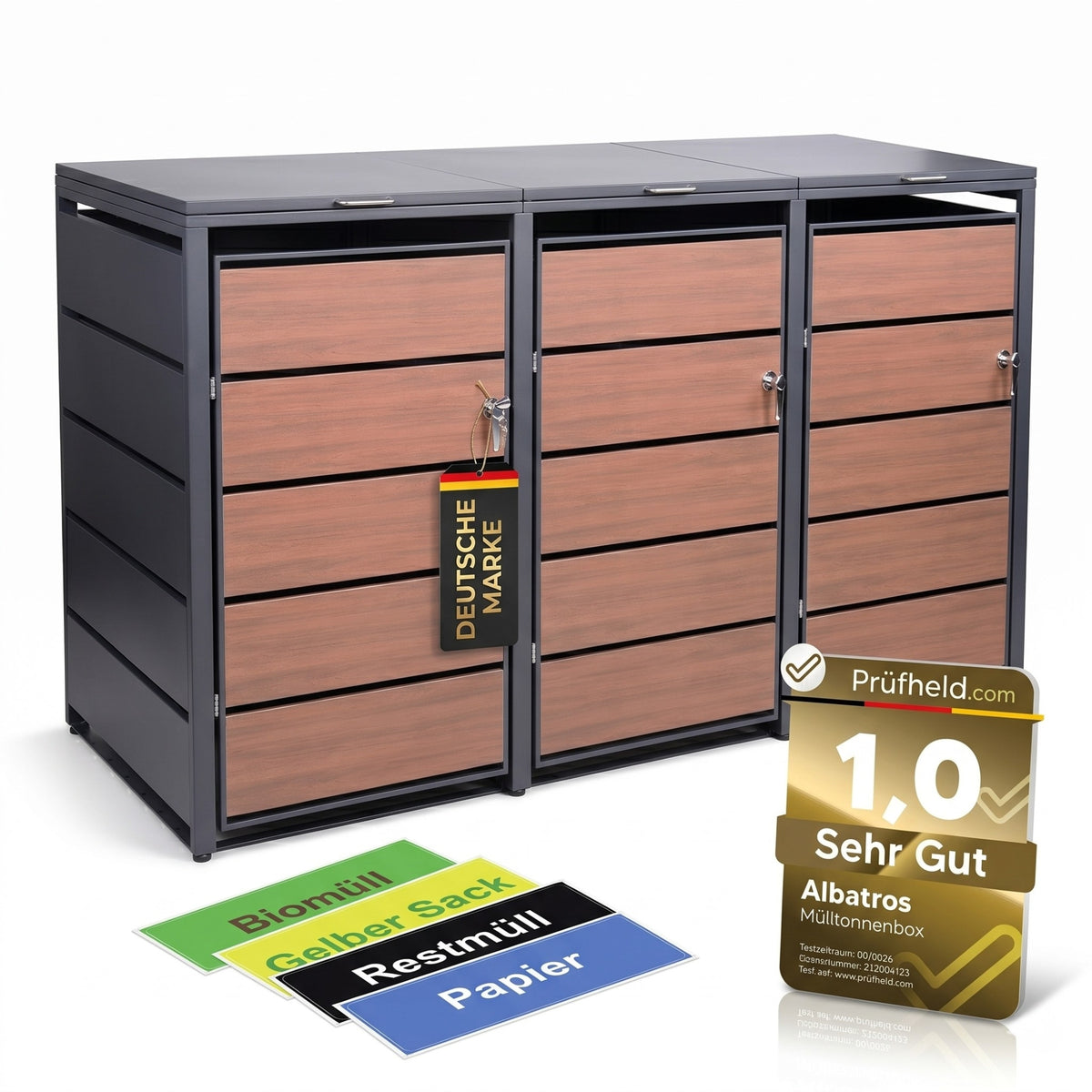 Mülltonnenbox 3er Holzdekor, 120L bis 240L, für Drei Tonnen, Mülltonnenverkleidung aus verzinktem Metall mit Holzdekor-Front, Anthrazit Grau RAL7016, abschließbar, wetterfest, geprüft nach ISO9227, mit Aufkleber Set