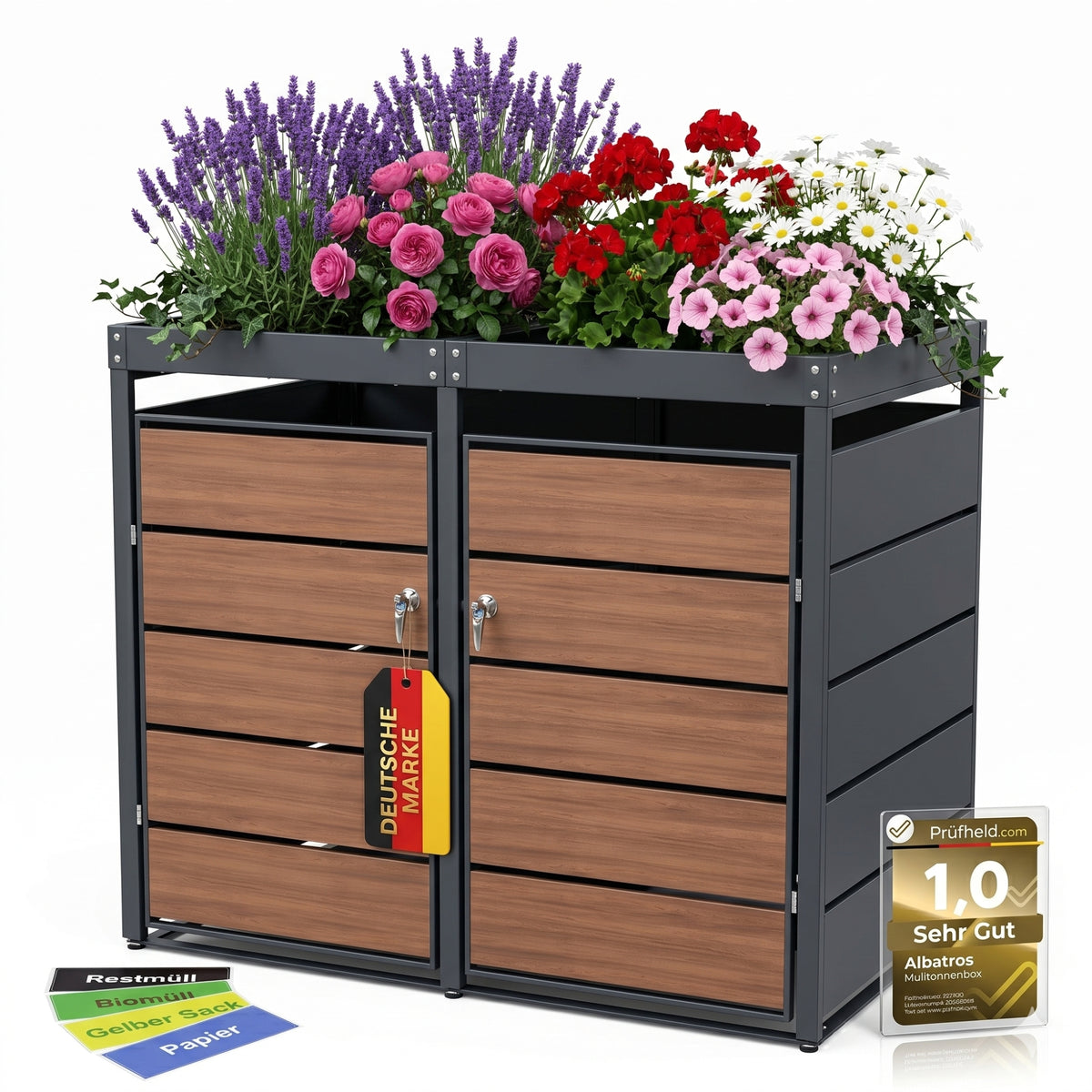 Mülltonnenbox 2er Holzdekor mit Pflanzkasten, 120L bis 240L, für Zwei Tonnen, Metall, Anthrazit Grau RAL7016, abschließbar, wetterfest, geprüft ISO9227, mit Aufkleber Set