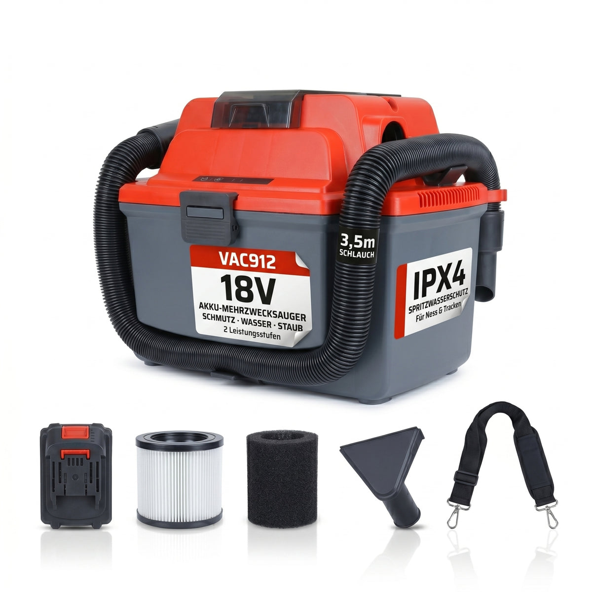 VAC912 Akku Nass Trockensauger 18V – Kabelloser Nasssauger für Auto, Werkstatt & Garage | Saugt Nass & Trocken | Bläst | HEPA