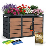 Mülltonnenbox 3er Holzdekor mit Pflanzkasten, 120L bis 240L, für Drei Tonnen, Metall, Anthrazit RAL7016, abschließbar, wetterfest, ISO9227, mit Aufkleber Set