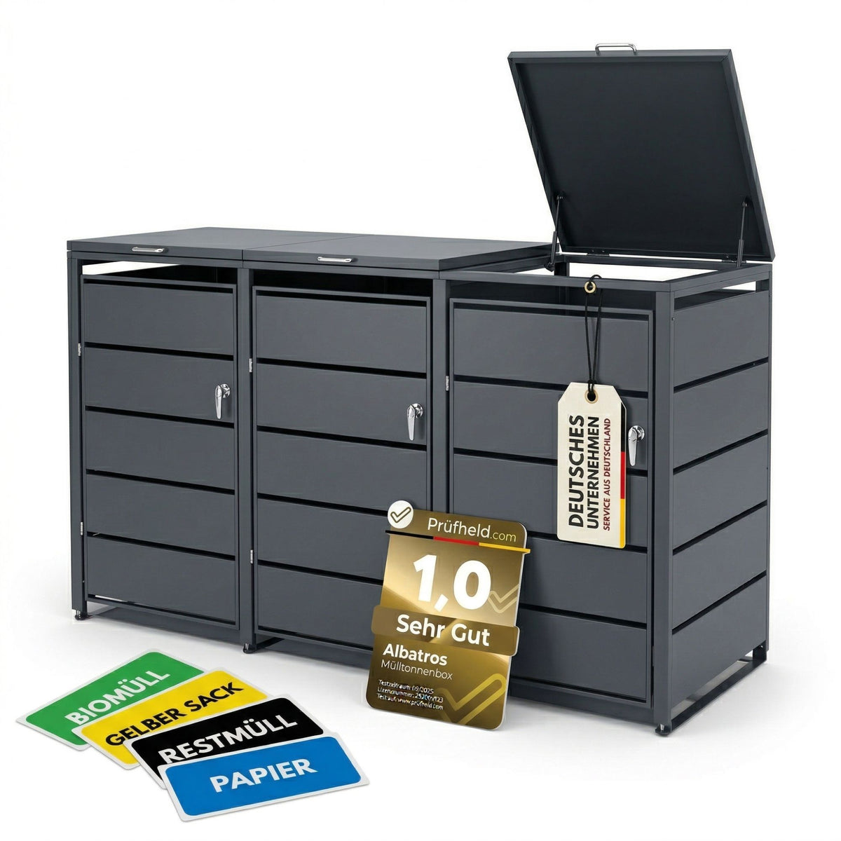 Mülltonnenbox 3er Tonne | bis 240 Liter | Anthrazitgrau RAL 7016 | verzinkter Stahl | Premium Dämpfer| Aufkleber-Set | wetterfest