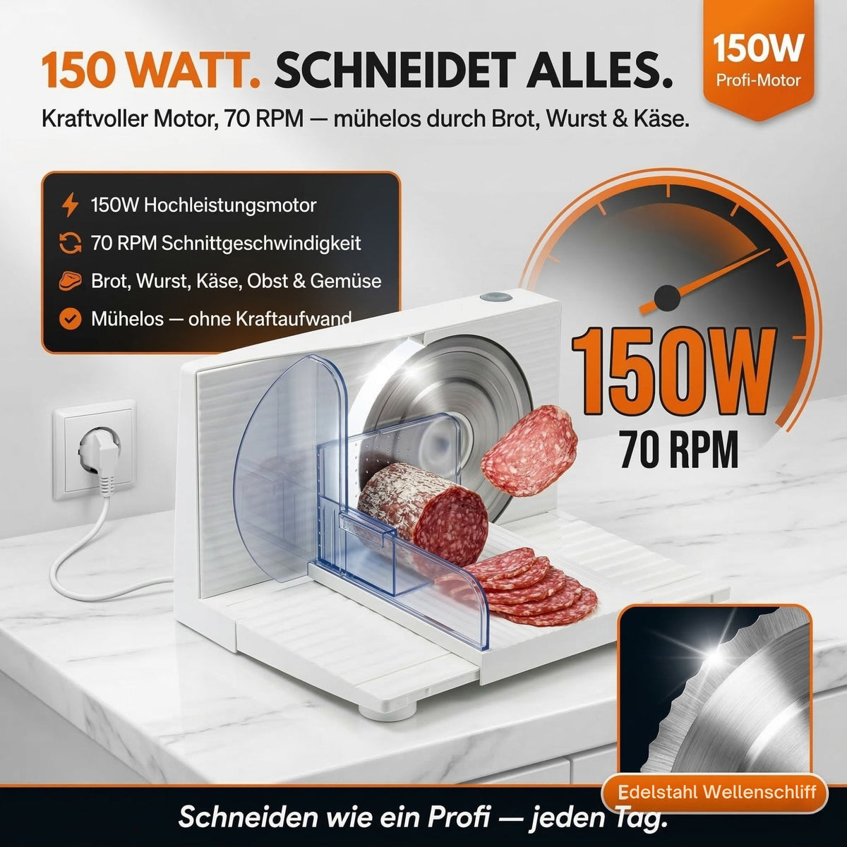 Sommertal Allesschneider AS170 150W Edelstahlmesser mit Wellenschliff,klappbar