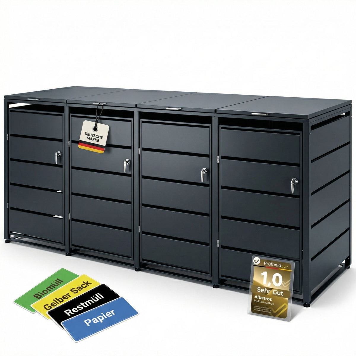 Mülltonnenbox 4er Tonne | bis 240 Liter | Anthrazitgrau RAL 7016 | verzinkter Stahl | Premium Dämpfer| Aufkleber-Set | wetterfest