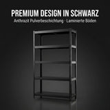 SR2B Premium Schwerlastregal Schwarz – 875 kg belastbar, wasserfest, matte laminierte Böden, 5 verstellbare Ebenen, teilbares Steckregal 180x90x40 cm, Stahlregal inkl. 2 Haken