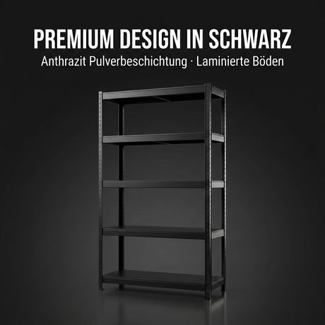 SR2B Premium Schwerlastregal Schwarz – 875 kg belastbar, wasserfest, matte laminierte Böden, 5 verstellbare Ebenen, teilbares Steckregal 180x90x40 cm, Stahlregal inkl. 2 Haken