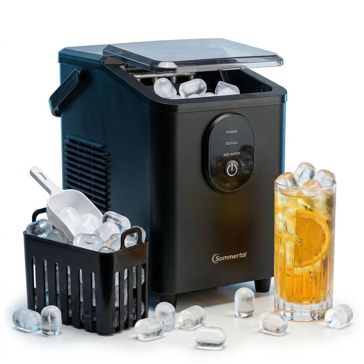 EM12S Eiswürfelmaschine | Eismaschine 12kg/24h | Eiswürfelbereiter mit Griff | extra große 0,3kg Bullet Eiswürfel in 20 Min | leise 50db | Ice Maker für Küche, Büro & Party