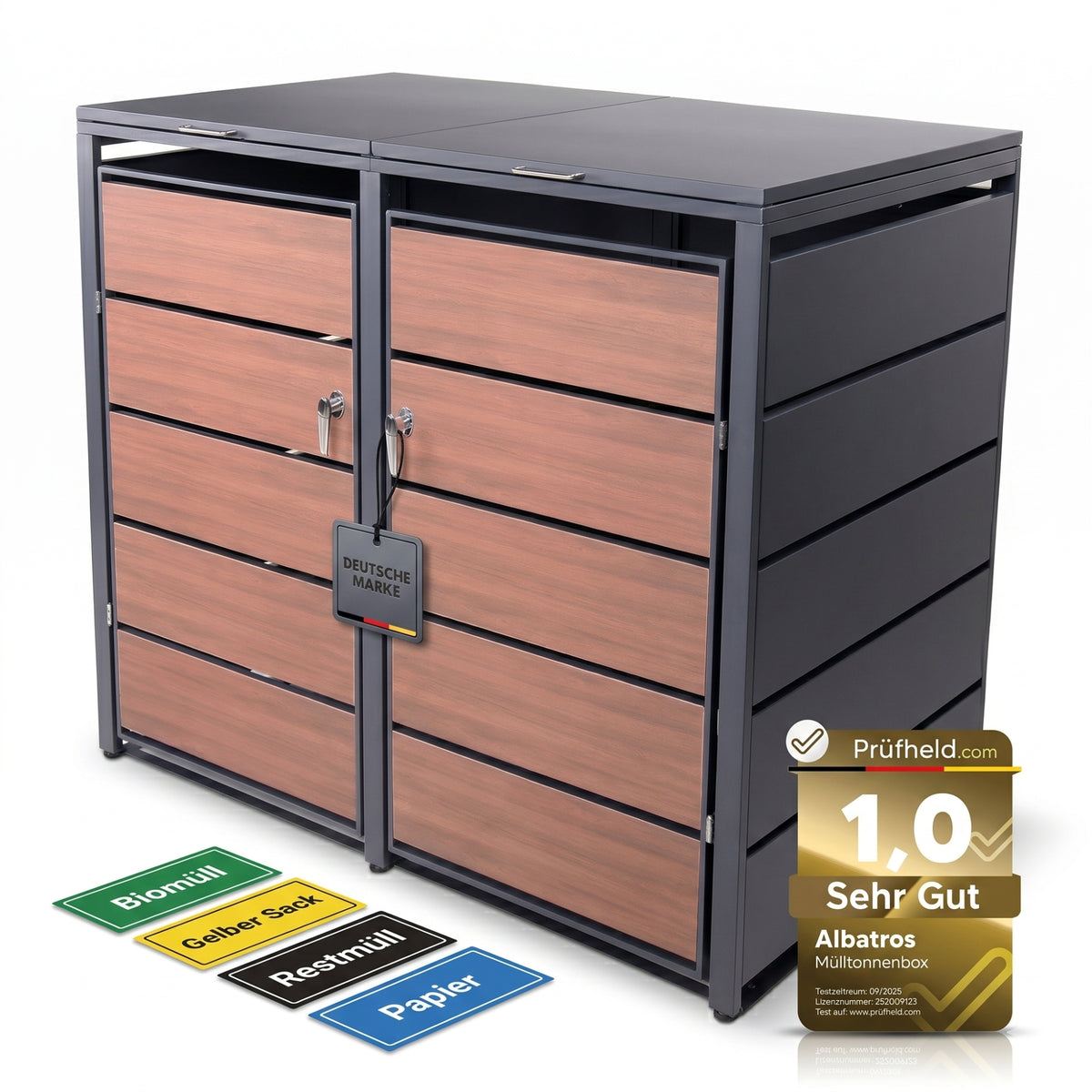 Mülltonnenbox 2er Holzdekor, 120L bis 240L, für Zwei Tonnen, Mülltonnenverkleidung aus verzinktem Metall mit Holzoptik, abschließbar, wetterfest, geprüft nach ISO9227, mit Aufkleber Set