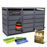 Mülltonnenbox 3er mit Pedal, 120L bis 240L, für Drei Tonnen, Metallverkleidung aus verzinktem Stahl, Anthrazit Grau RAL7016, abschließbar, wetterfest, ISO9227, mit Aufkleber Set