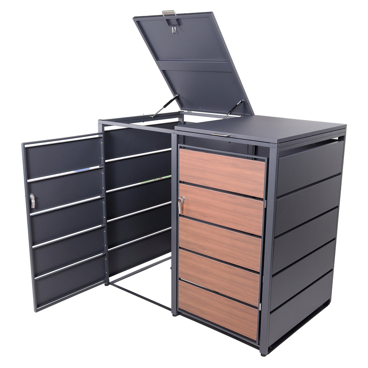 Mülltonnenbox 2er Holzdekor, 120L bis 240L, für Zwei Tonnen, Mülltonnenverkleidung aus verzinktem Metall mit Holzoptik, abschließbar, wetterfest, geprüft nach ISO9227, mit Aufkleber Set
