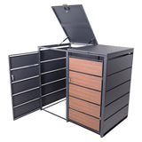 Mülltonnenbox 2er Holzdekor, 120L bis 240L, für Zwei Tonnen, Mülltonnenverkleidung aus verzinktem Metall mit Holzoptik, abschließbar, wetterfest, geprüft nach ISO9227, mit Aufkleber Set