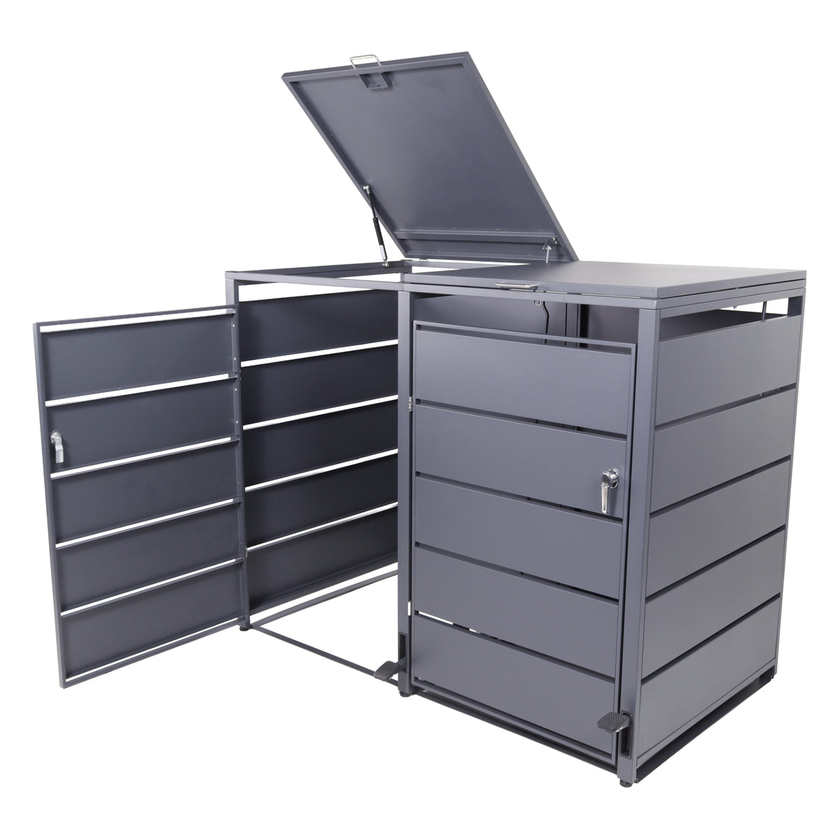 Mülltonnenbox 2er mit Pedal, 120L bis 240L, für Zwei Tonnen, Metallverkleidung aus verzinktem Stahl, Anthrazit Grau RAL7016, abschließbar, wetterfest, ISO9227, mit Aufkleber Set