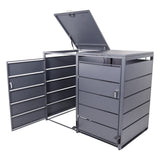 Mülltonnenbox 2er mit Pedal, 120L bis 240L, für Zwei Tonnen, Metallverkleidung aus verzinktem Stahl, Anthrazit Grau RAL7016, abschließbar, wetterfest, ISO9227, mit Aufkleber Set