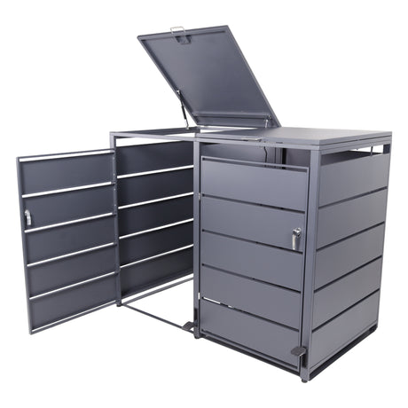 Mülltonnenbox 2er mit Pedal, 120L bis 240L, für Zwei Tonnen, Metallverkleidung aus verzinktem Stahl, Anthrazit Grau RAL7016, abschließbar, wetterfest, ISO9227, mit Aufkleber Set
