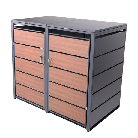 Mülltonnenbox 2er Holzdekor, 120L bis 240L, für Zwei Tonnen, Mülltonnenverkleidung aus verzinktem Metall mit Holzoptik, abschließbar, wetterfest, geprüft nach ISO9227, mit Aufkleber Set