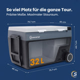 Kompressor-Kühlbox mit Eiswürfelmaschine C32E, −20 bis +20 °C, 12/24V & 230V, App-Steuerung und Trolleyfunktion.
