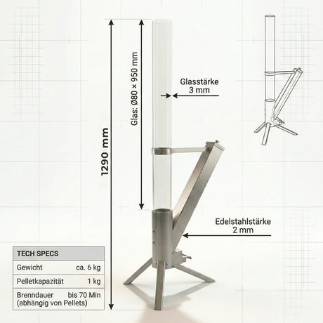 Albatros hochwertige Pelletfackel aus Edelstahl | Raketenofen für den Garten | mit Glas Feuerrohr | Terrassenheizung Terrassenofen | Outdoor Feuerstelle ohne Strom | bis 70 Min Brenndauer