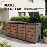 Mülltonnenbox 4er Holzdekor, 120L bis 240L, für Vier Tonnen, Mülltonnenverkleidung aus verzinktem Metall mit Holzdekor-Front, Anthrazit Grau RAL7016, abschließbar, wetterfest, geprüft nach ISO9227, mit Aufkleber Set