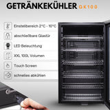 Kühlschrank GK 100– Leiser Getränkekühlschrank mit LED, Touchscreen & Schloss kleiner Flaschenkühlschrank schwarz 100L