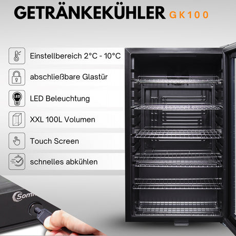 Kühlschrank GK 100– Leiser Getränkekühlschrank mit LED, Touchscreen & Schloss kleiner Flaschenkühlschrank schwarz 100L