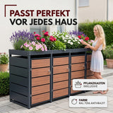 Mülltonnenbox 4er Holzdekor mit Pflanzkasten, 120L bis 240L, für Vier Tonnen, Metall, Anthrazit RAL7016, abschließbar, wetterfest, ISO9227, mit Aufkleber Set