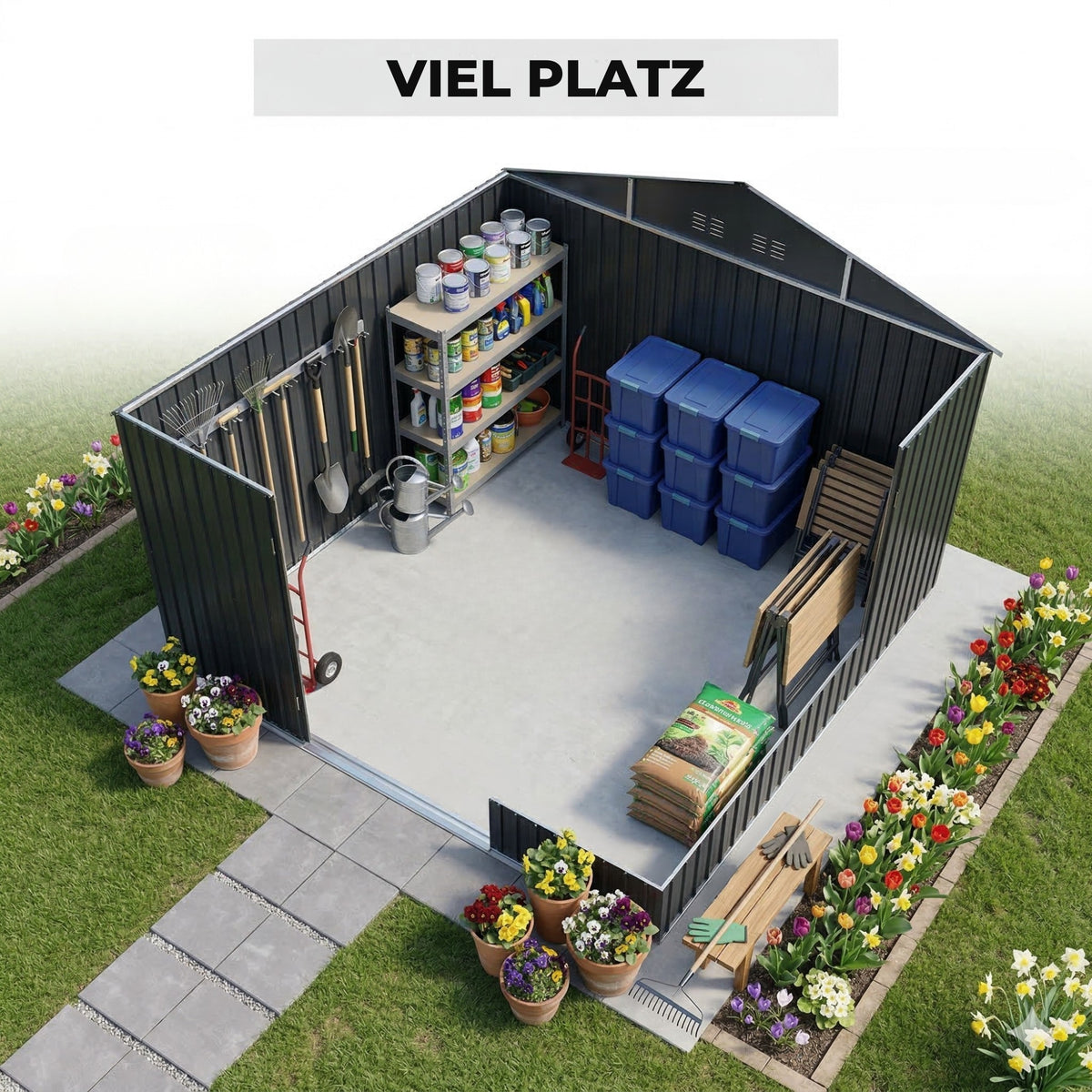 Albatros Gerätehaus 5XL | Anthrazit RAL 7016 | 339,6x375,3x199,6cm | abschließbar inkl. Schloss & Haken | Gartenhaus aus verzinktem wetterfestem Metall | Geräteschuppen für Garten & Geräte