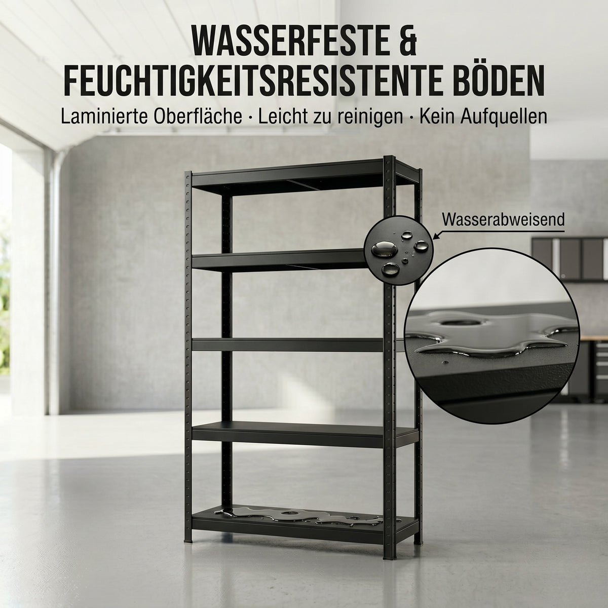 SR2B Premium Schwerlastregal Schwarz – 875 kg belastbar, wasserfest, matte laminierte Böden, 5 verstellbare Ebenen, teilbares Steckregal 180x90x40 cm, Stahlregal inkl. 2 Haken