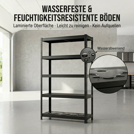 SR2B Premium Schwerlastregal Schwarz – 875 kg belastbar, wasserfest, matte laminierte Böden, 5 verstellbare Ebenen, teilbares Steckregal 180x90x40 cm, Stahlregal inkl. 2 Haken