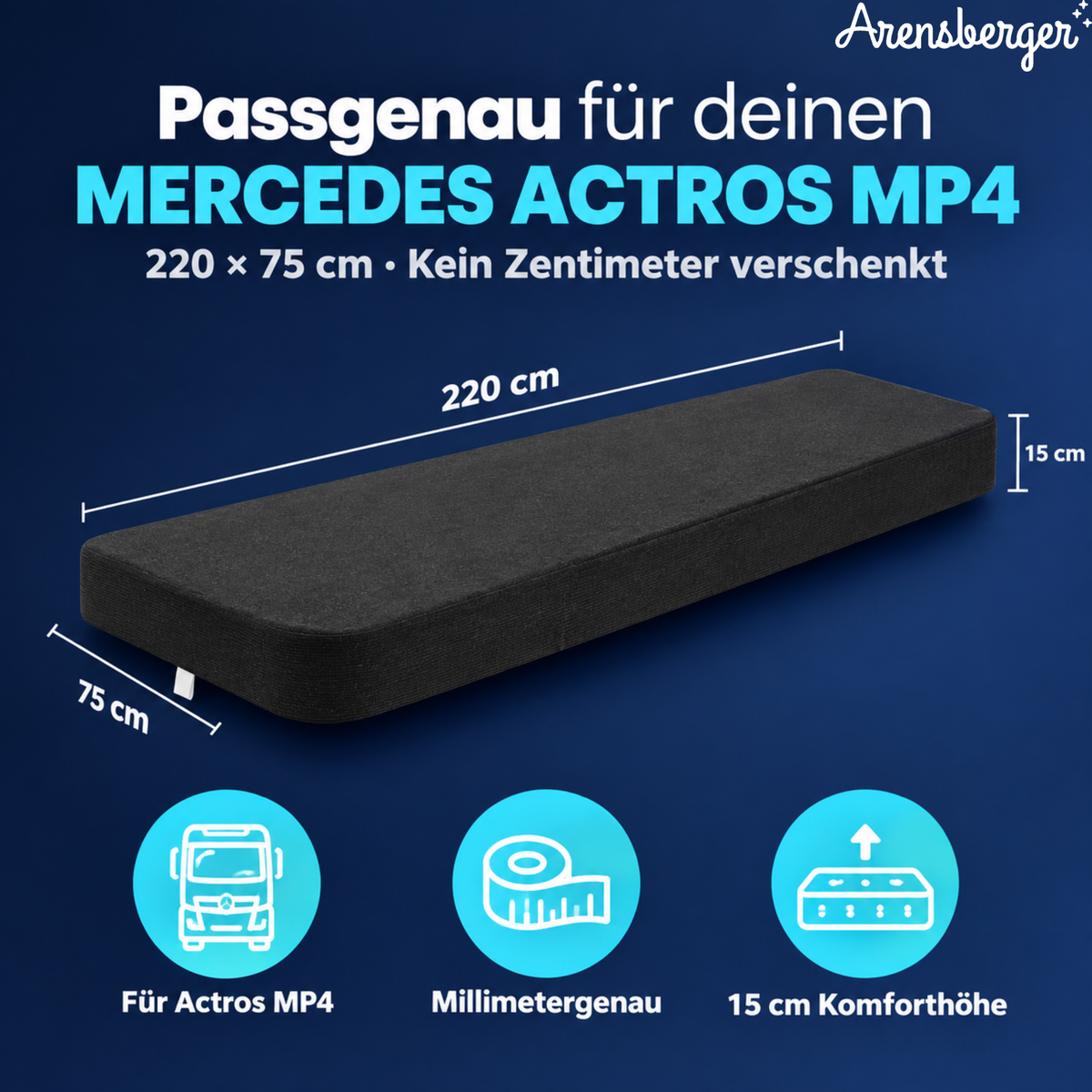 Arensberger LKW-Matratze aus Gelschaum, passend für Mercedes-Benz Actros MP4, 220 × 75 cm, 15 cm hoch, Bezug waschbar bis 60 °C