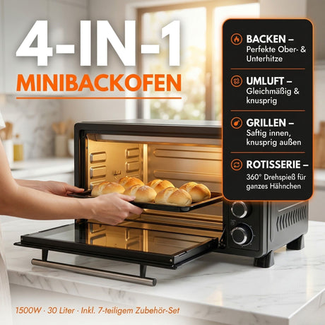 Minibackofen 30 Liter mit Drehspieß & Umluft + 1L Backofenreiniger, 1500W, 100–230°C, 60 Min. Timer, Hähnchengrill Mini Backofen, Kleiner Backofen zum Backen, Grillen & Pizza, Campingbackofen inkl. Zubehör