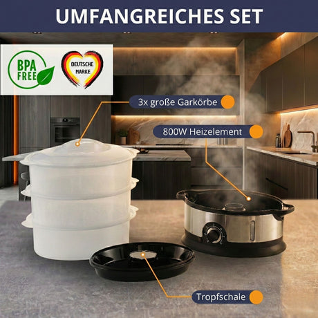 Sommertal Dampfgarer elektrisch,16L XXL Dampftopf, 1200ml Wasserbehälter, 800W, BPA-frei, 3 Dampfgar-Ebenen, 60 Min Timer + Abschaltautomatik
