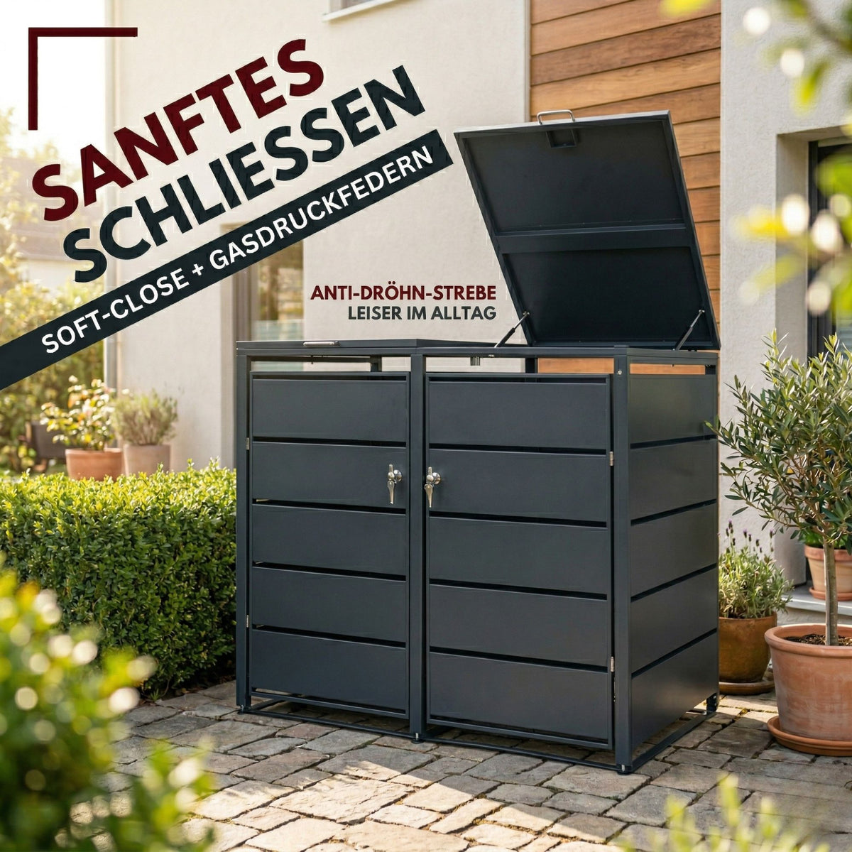 Mülltonnenbox 2er Tonne | bis 240 Liter | Anthrazitgrau RAL 7016 | verzinkter Stahl | Premium Dämpfer| Aufkleber-Set | wetterfest|