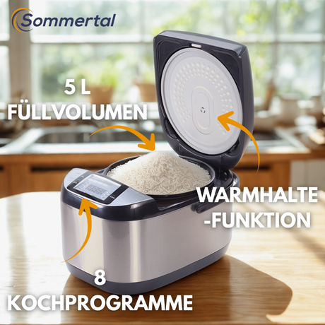 Reiskocher RK50 5 Liter – Elektrischer Reiskocher mit 3D Heizsystem, Warmhaltefunktion & Timer – Reiskocher mit Touch Bedienung – Premium Reiskocher – 790W