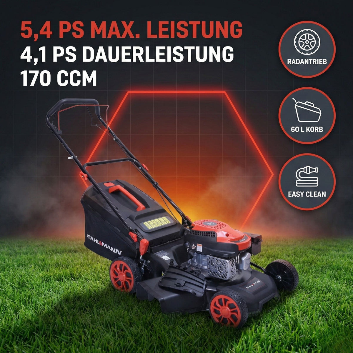 Rasenmäher Benzin mit Antrieb BR460 – 5,4PS (4,0kW) 170ccm mit Antrieb, 46cm Schnittbreite, Mulchen, Schnitthöhenverstellung, Easy Clean Anschluss, Große Räder, 60L Korb