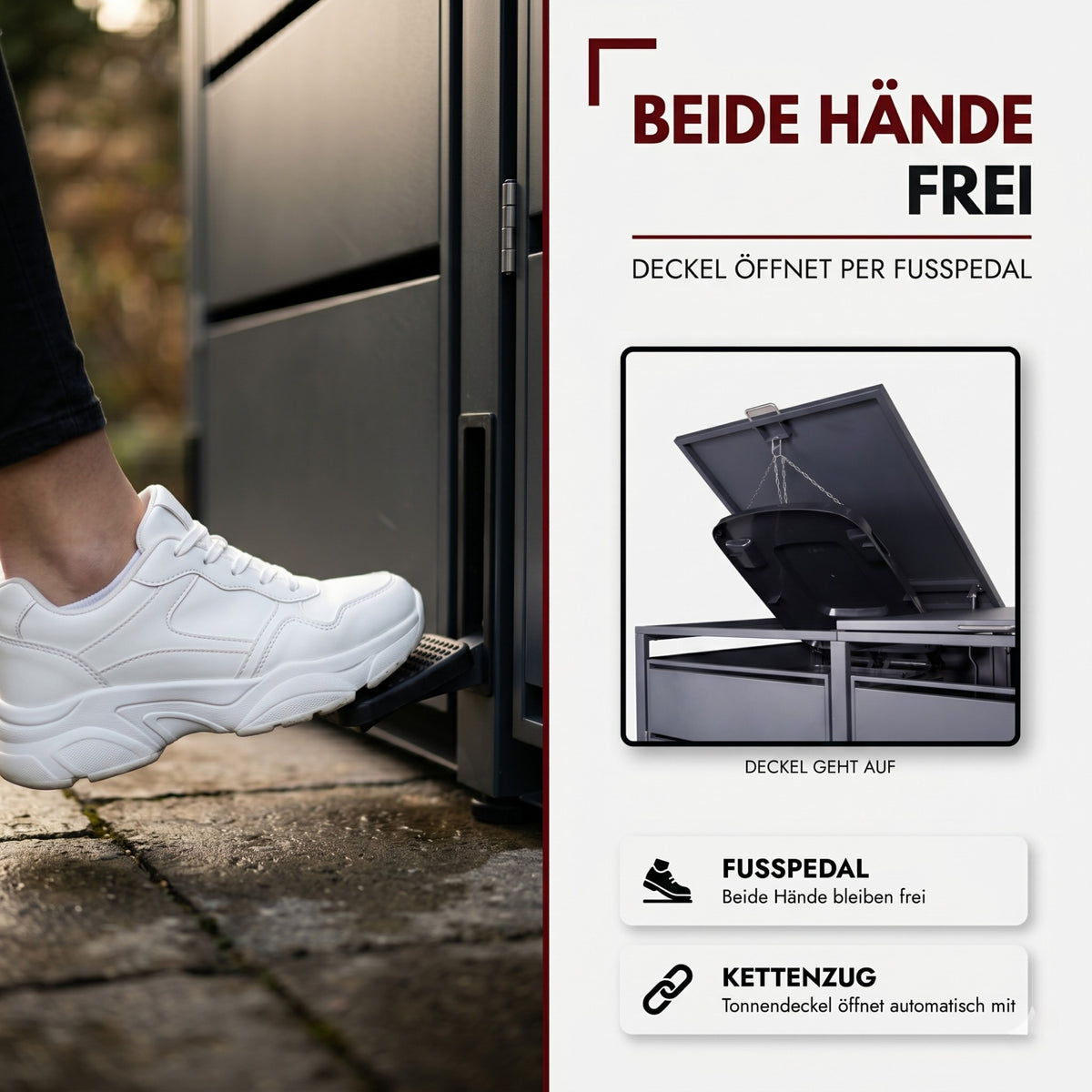Mülltonnenbox 3er mit Pedal, 120L bis 240L, für Drei Tonnen, Metallverkleidung aus verzinktem Stahl, Anthrazit Grau RAL7016, abschließbar, wetterfest, ISO9227, mit Aufkleber Set