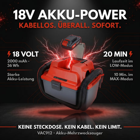 VAC912 Akku Nass Trockensauger 18V – Kabelloser Nasssauger für Auto, Werkstatt & Garage | Saugt Nass & Trocken | Bläst | HEPA