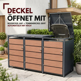 Mülltonnenbox 3er Holzdekor, 120L bis 240L, für Drei Tonnen, Mülltonnenverkleidung aus verzinktem Metall mit Holzdekor-Front, Anthrazit Grau RAL7016, abschließbar, wetterfest, geprüft nach ISO9227, mit Aufkleber Set
