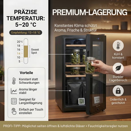 Sommertal temperierter Cannabis Schrank | WK50 | 5–20C° einstellbar & abschließbar mit UV-Schutz | Kühlschrank zur optimalen Lagerung von CBD, Weed, Marihuana, Hanf, Tabak, THC, Haschisch | Grow Zubehör