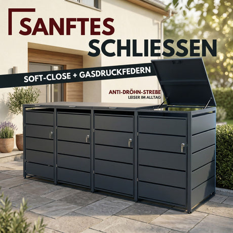 Mülltonnenbox 4er Tonne | bis 240 Liter | Anthrazitgrau RAL 7016 | verzinkter Stahl | Premium Dämpfer| Aufkleber-Set | wetterfest