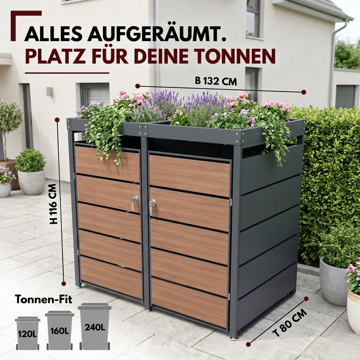 Mülltonnenbox 2er Holzdekor mit Pflanzkasten, 120L bis 240L, für Zwei Tonnen, Metall, Anthrazit Grau RAL7016, abschließbar, wetterfest, geprüft ISO9227, mit Aufkleber Set