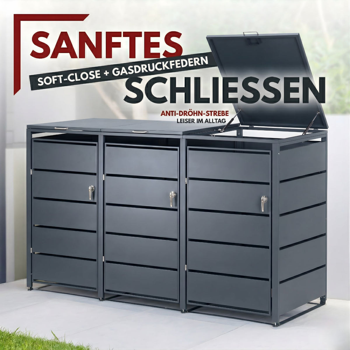 Mülltonnenbox 3er Tonne | bis 240 Liter | Anthrazitgrau RAL 7016 | verzinkter Stahl | Premium Dämpfer| Aufkleber-Set | wetterfest
