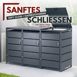 Mülltonnenbox 3er Tonne | bis 240 Liter | Anthrazitgrau RAL 7016 | verzinkter Stahl | Premium Dämpfer| Aufkleber-Set | wetterfest