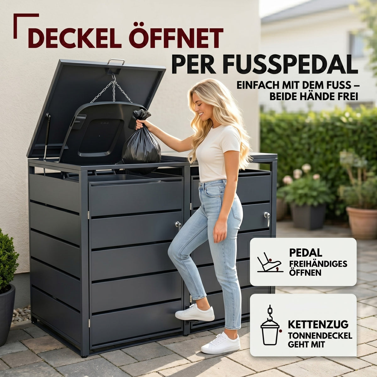 Mülltonnenbox 2er mit Pedal, 120L bis 240L, für Zwei Tonnen, Metallverkleidung aus verzinktem Stahl, Anthrazit Grau RAL7016, abschließbar, wetterfest, ISO9227, mit Aufkleber Set