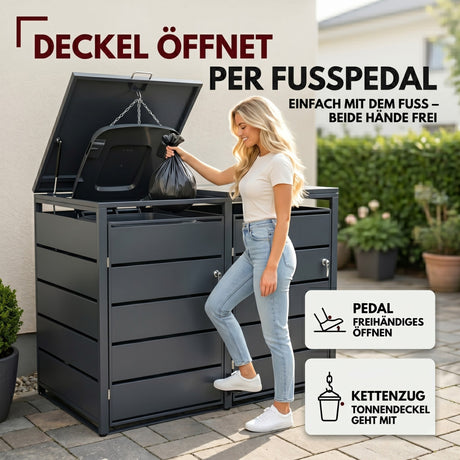 Mülltonnenbox 2er mit Pedal, 120L bis 240L, für Zwei Tonnen, Metallverkleidung aus verzinktem Stahl, Anthrazit Grau RAL7016, abschließbar, wetterfest, ISO9227, mit Aufkleber Set
